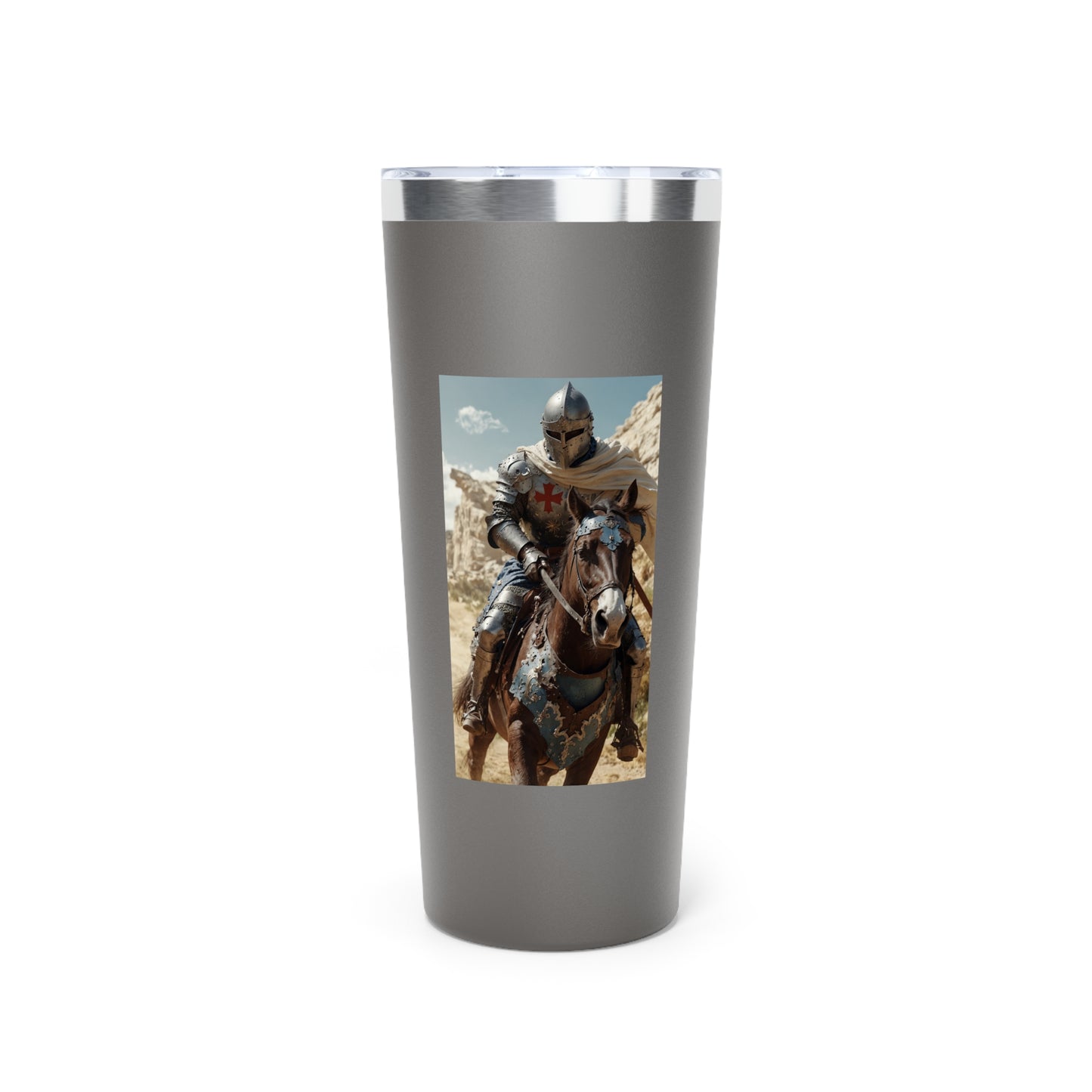 Vaso de caballero con armadura de cruzado, foto de caballo, aislado, 22 oz