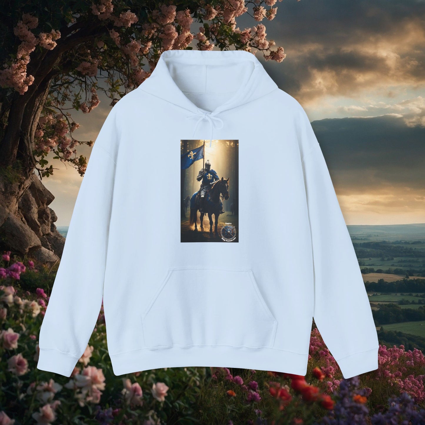 ARMORED KNIGHT WITH BLUE FLAG Unisex Heavy Blend™ Hooded Sweatshirt