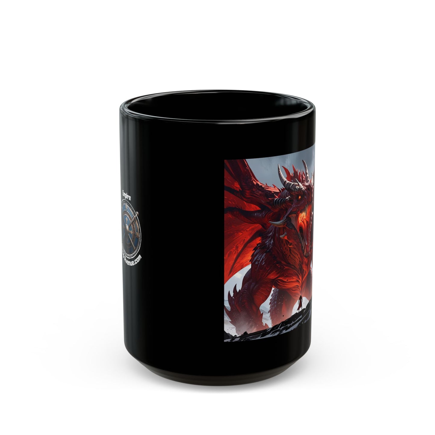 Dragon Art Black Mug — Red Dragon Illustration Coffee Cup (11oz/15oz)