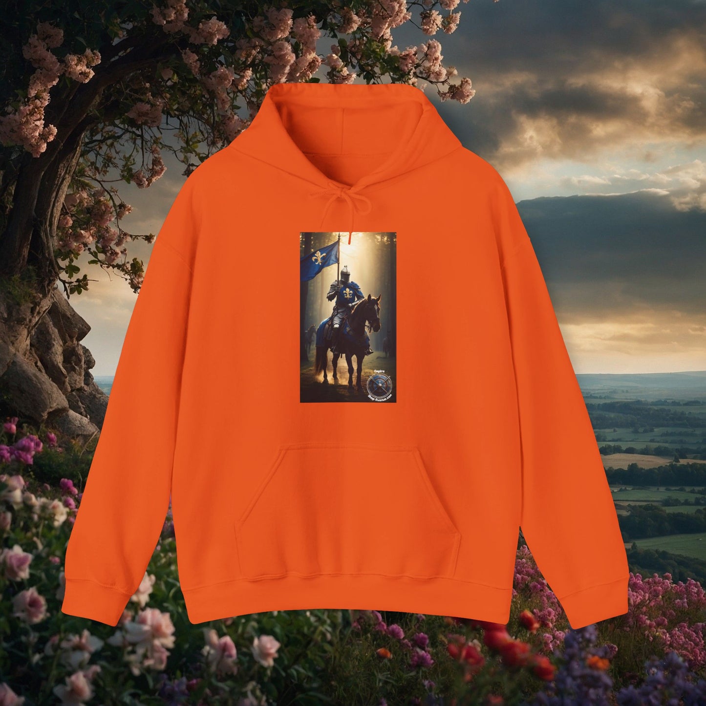 ARMORED KNIGHT WITH BLUE FLAG Unisex Heavy Blend™ Hooded Sweatshirt