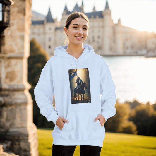 ARMORED KNIGHT WITH BLUE FLAG Unisex Heavy Blend™ Hooded Sweatshirt