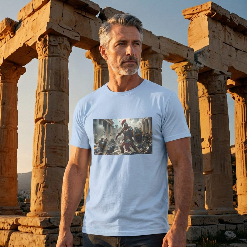 T-shirt unisexe à manches courtes en jersey avec motif scène de bataille grecque 