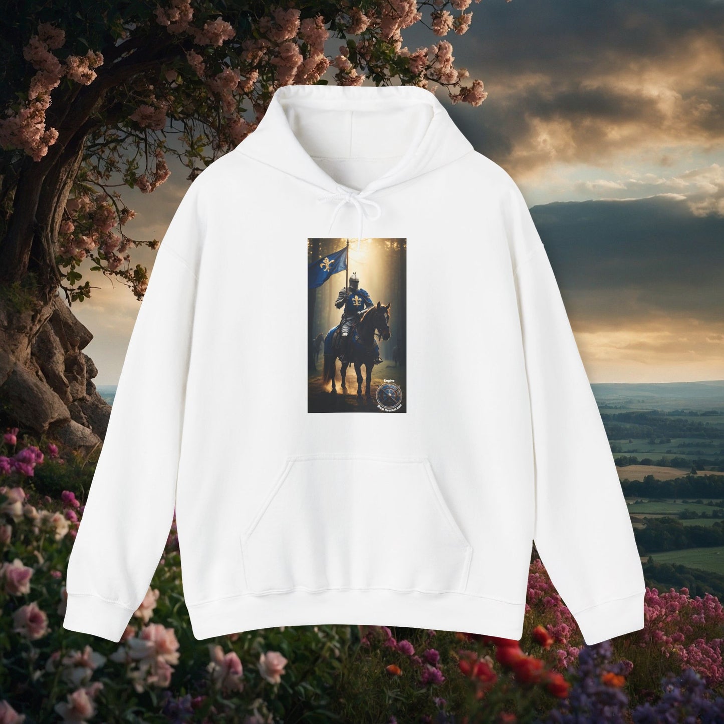 ARMORED KNIGHT WITH BLUE FLAG Unisex Heavy Blend™ Hooded Sweatshirt