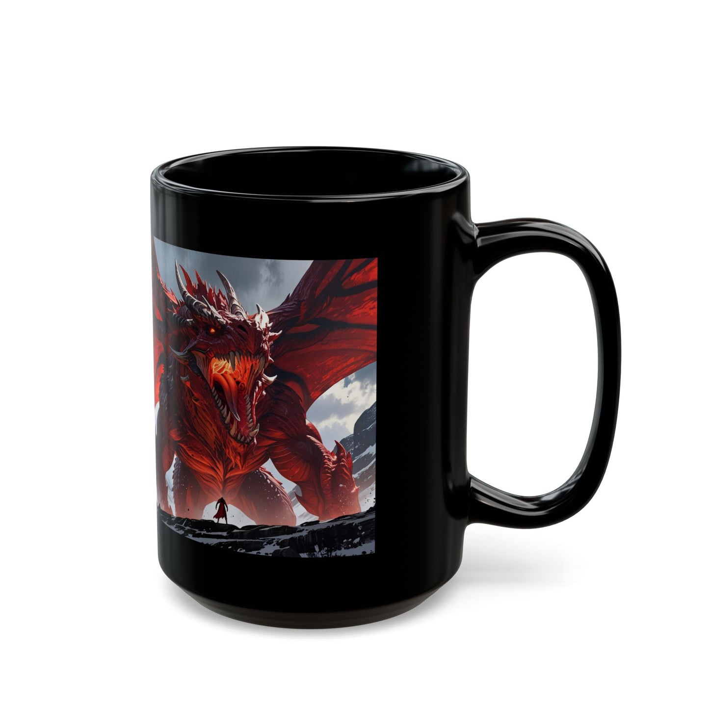 Dragon Art Black Mug — Red Dragon Illustration Coffee Cup (11oz/15oz)