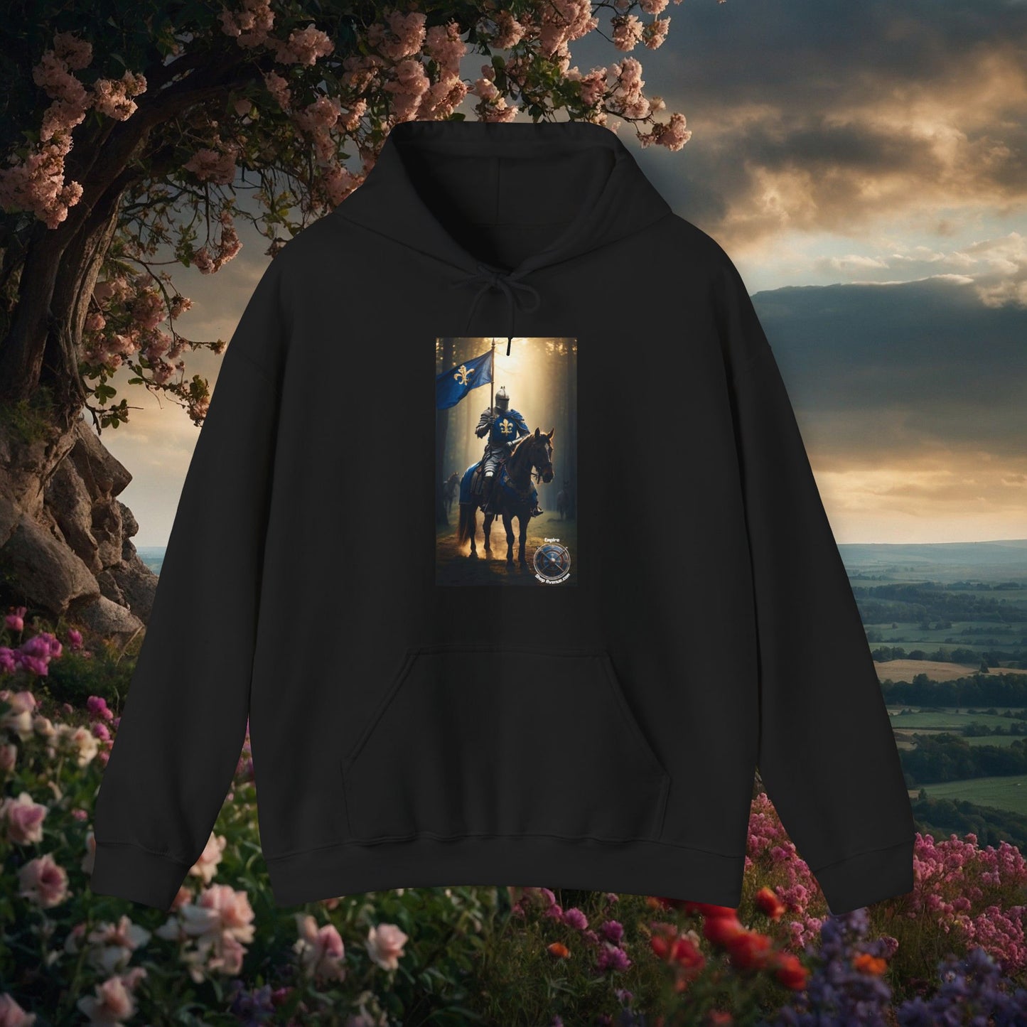 ARMORED KNIGHT WITH BLUE FLAG Unisex Heavy Blend™ Hooded Sweatshirt