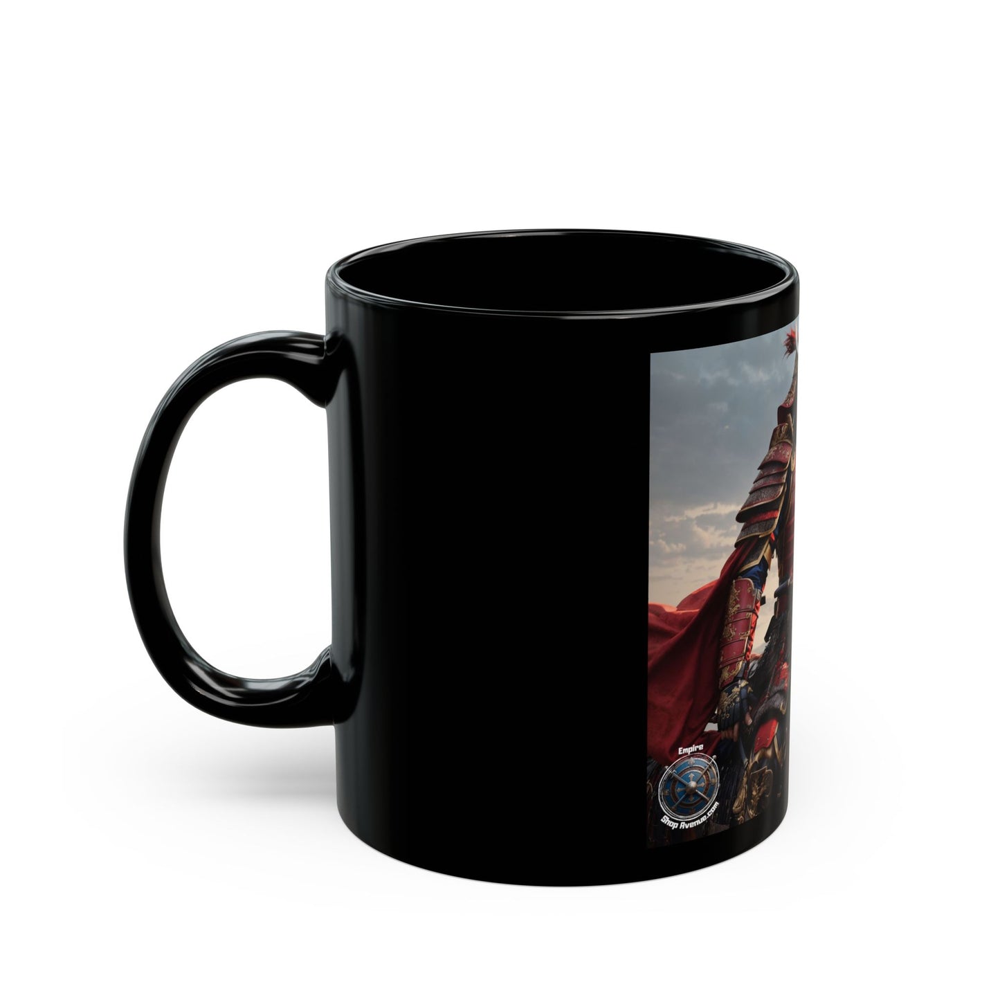 MOUNTED RED SAMURAI Black Mug (11oz, 15oz)